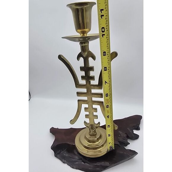 Vintage MCM Solid Brass Asian Candlestick Holder Fritz Brass 11.5” Hong Kong - Picture 3 of 9